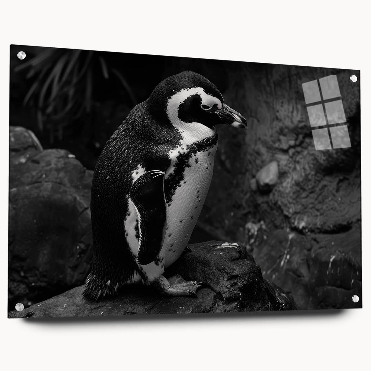 Side view of a penguin-themed wall art piece designed with acrylic glass, featuring vibrant colors and sleek pins for easy hanging, perfect for animal lovers' decor.