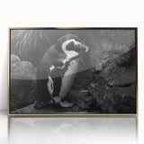 Framed acrylic wall art featuring a stylish penguin design in a gold frame, showcasing a chic and modern aesthetic perfect for home decor. Ideal for animal lovers and contemporary art enthusiasts.