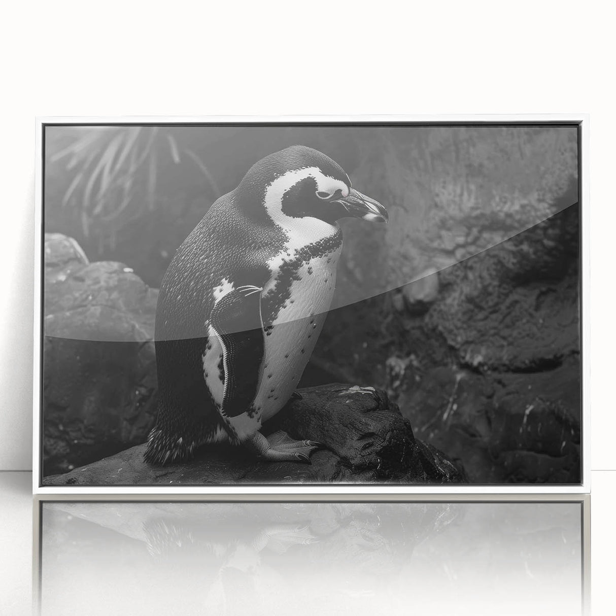 Framed acrylic wall art featuring a whimsical penguin design from the Animals A Wild Life collection, showcasing a bright white frame and vibrant colors, ideal for children's spaces.