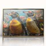 Framed wall art featuring a bold penguin design in striking colors, set in a sleek gold frame, perfect for enhancing modern decor and animal-themed spaces.