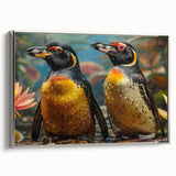 Framed canvas wall art featuring a silver-bordered side view of a whimsical penguin design, showcasing vibrant colors and playful details, perfect for animal lovers.