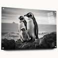 Close-up of a side view of a framed acrylic wall art piece featuring a playful penguin design, showcasing vibrant colors and intricate details, perfect for animal lovers.