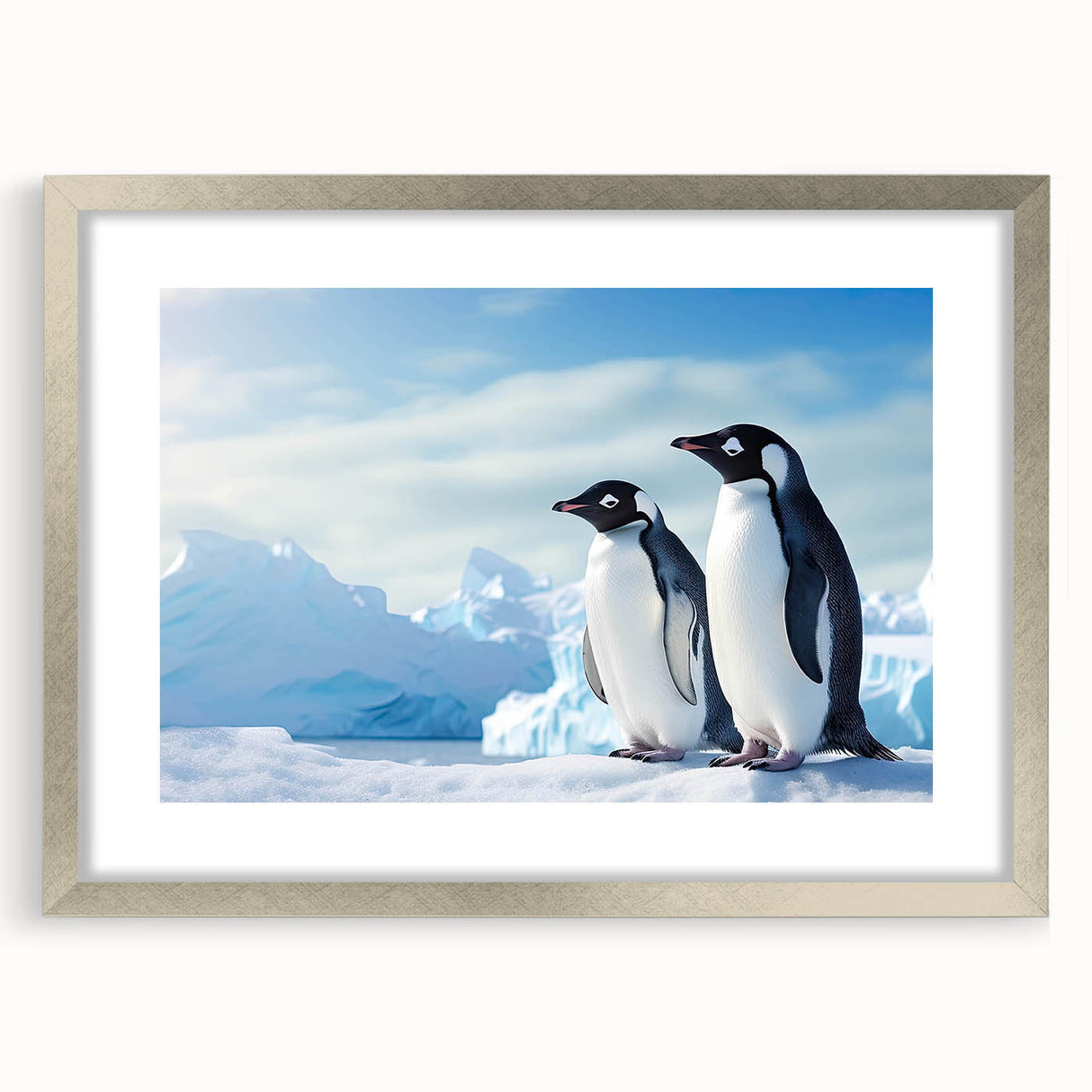 Framed wall art featuring a playful penguin design from the 'Animals of the Wild' collection, showcased in a silver frame with a mat, perfect for enhancing home decor.