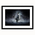 Framed wall art featuring a black mat and a captivating penguin design, showcasing vibrant colors and intricate details, perfect for animal lovers and home decor.