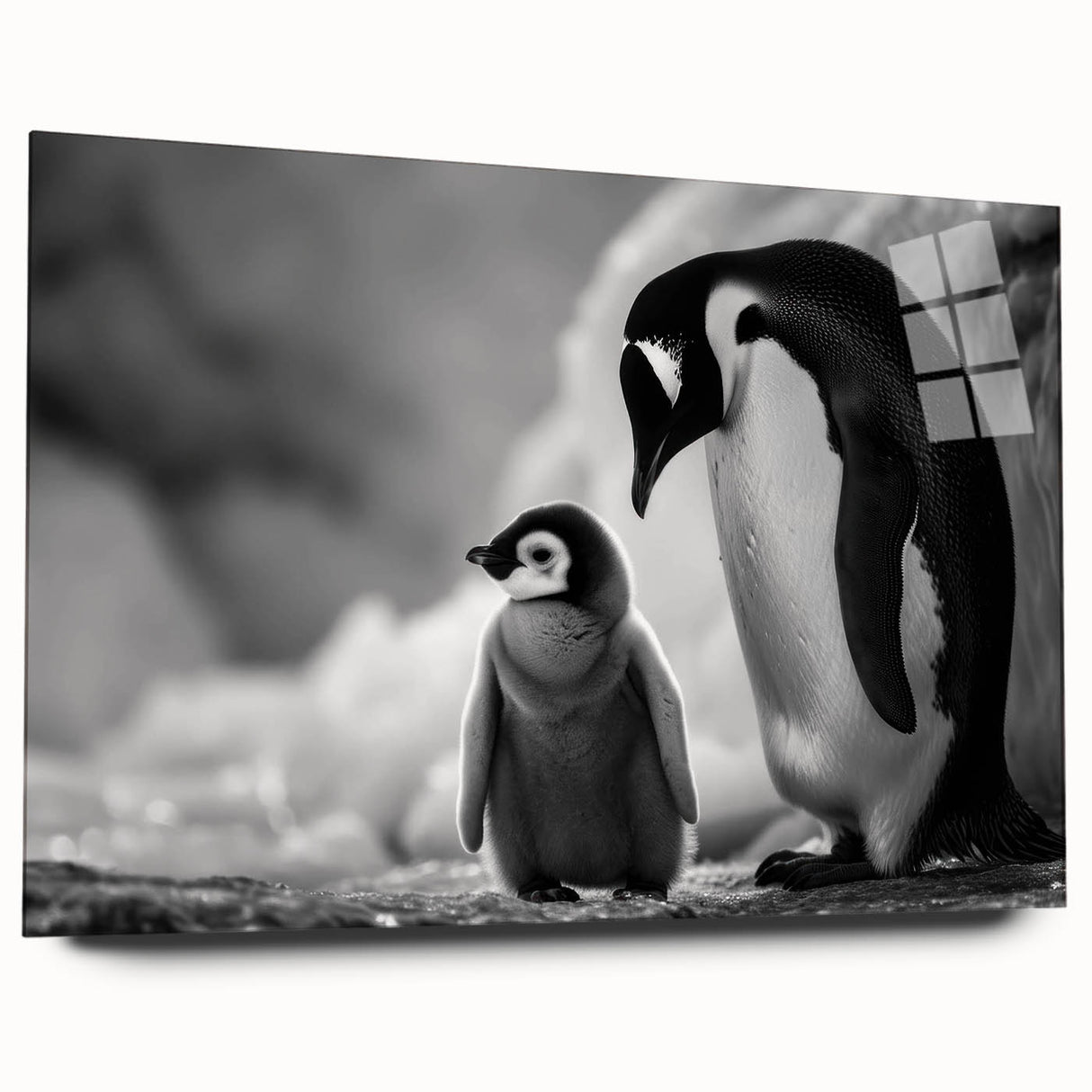 Side view of a stylish acrylic wall art piece featuring a whimsical penguin design, perfect for animal lovers, showcasing vibrant colors against a sleek glass finish.