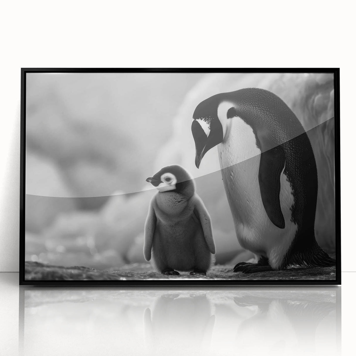 Framed wall art featuring a striking penguin design in a sleek black frame, showcasing vibrant colors and intricate details, perfect for animal lovers and modern decor.