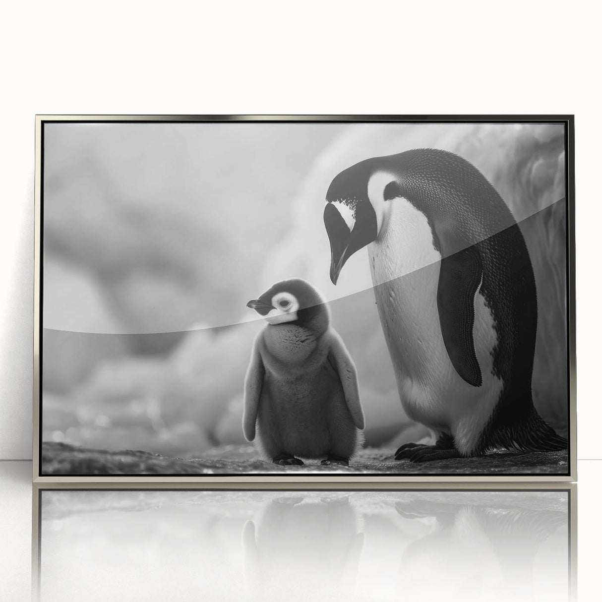 Framed acrylic wall art featuring a stylish penguin design, showcasing a sleek silver frame and vibrant colors, perfect for modern home decor.