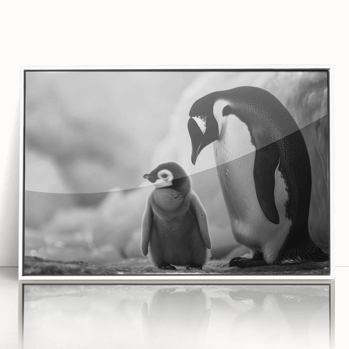 Framed acrylic wall art featuring a playful penguin design from the 'Animals of the Wild' collection, showcasing vibrant colors and a modern white frame, perfect for animal lovers.