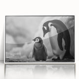 Framed acrylic wall art featuring a playful penguin design from the 'Animals of the Wild' collection, showcasing vibrant colors and a modern white frame, perfect for animal lovers.