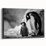 Framed canvas wall art featuring a black and white penguin design, showcasing a side view of the animal in a minimalistic style, perfect for modern home decor.