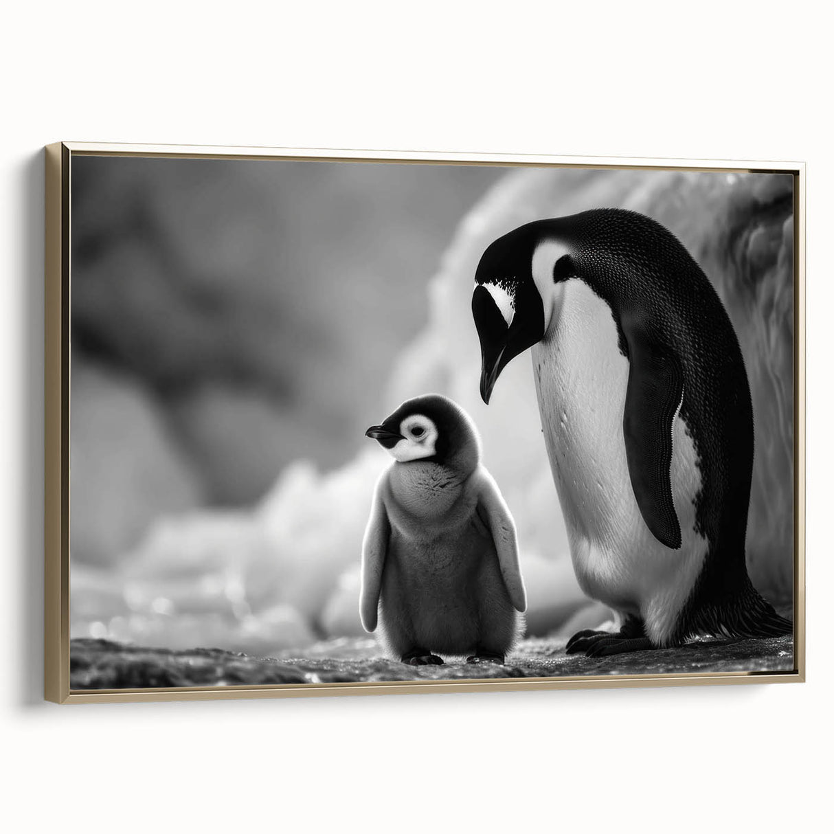 Framed canvas wall art featuring a stylish side view of a penguin design, set against a gold background, perfect for animal lovers and modern decor enthusiasts.
