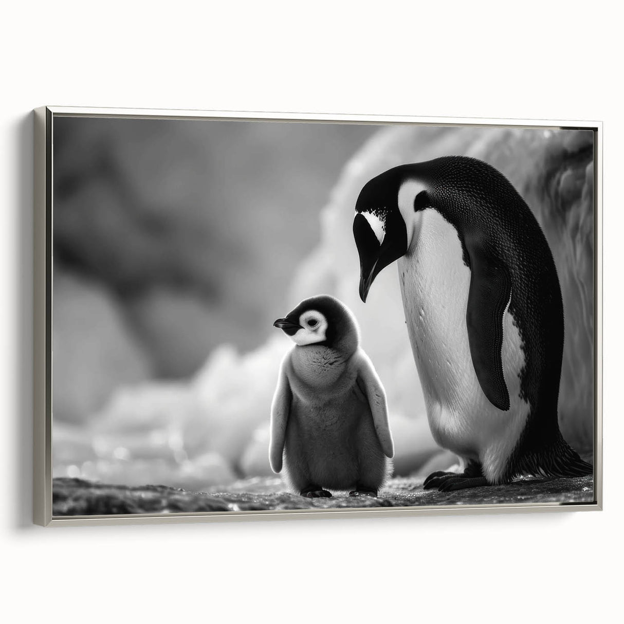 Framed canvas wall art featuring a side view of a sleek silver penguin design, perfect for modern home decor. Ideal for animal lovers and wildlife enthusiasts.