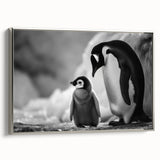 Framed canvas wall art featuring a side view of a sleek silver penguin design, perfect for modern home decor. Ideal for animal lovers and wildlife enthusiasts.