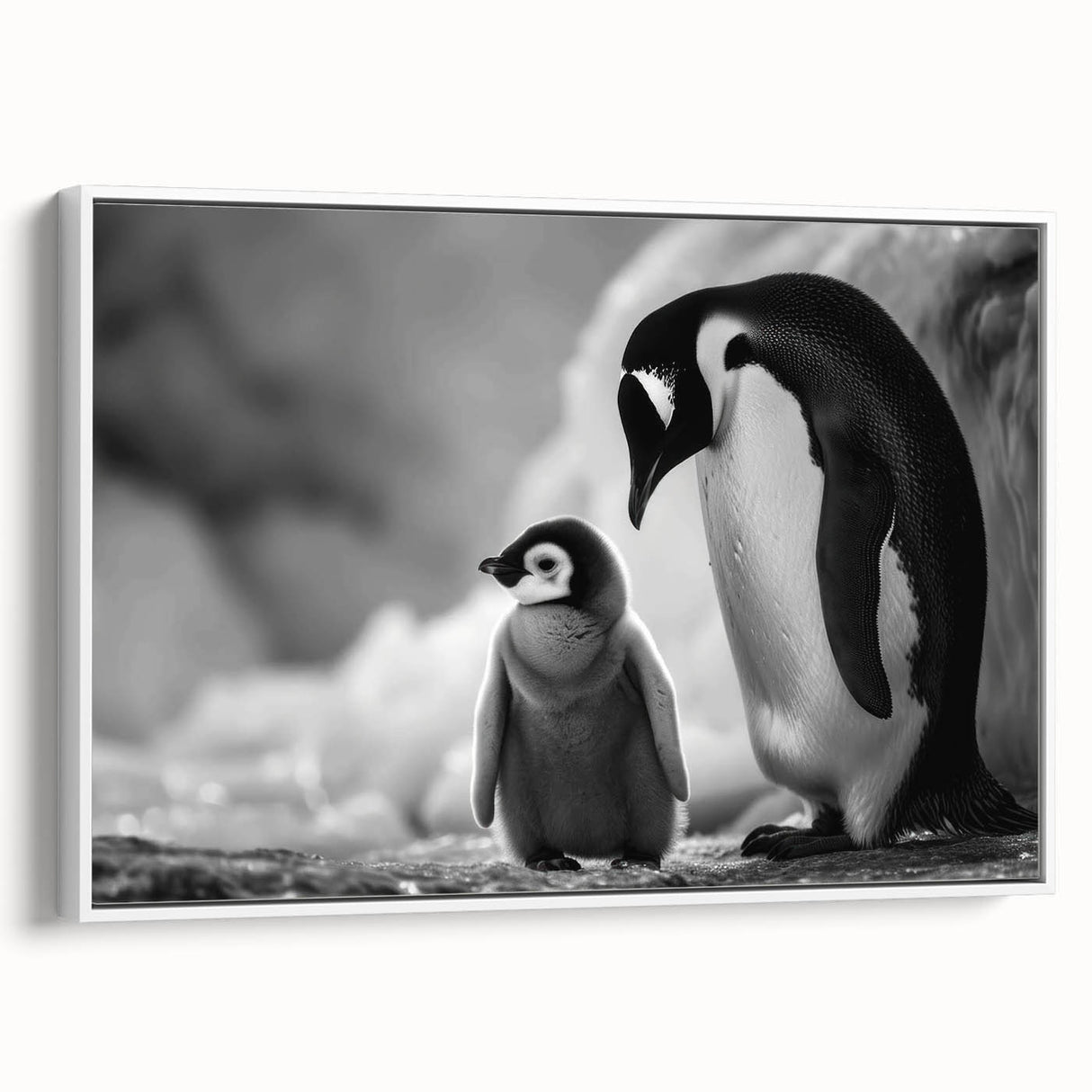 Framed wall art featuring a playful penguin design on a white background, showcasing intricate details and vibrant colors, perfect for animal lovers and modern decor.