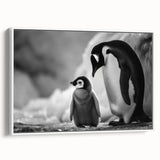 Framed wall art featuring a playful penguin design on a white background, showcasing intricate details and vibrant colors, perfect for animal lovers and modern decor.