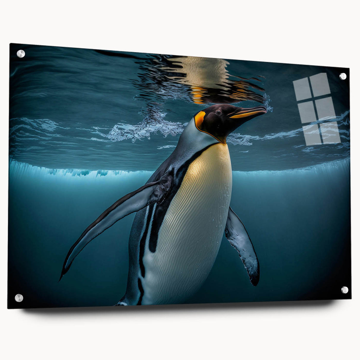 Acrylic glass wall art featuring a side view of a penguin design, showcasing vibrant colors and intricate details, perfect for animal lovers and modern decor.