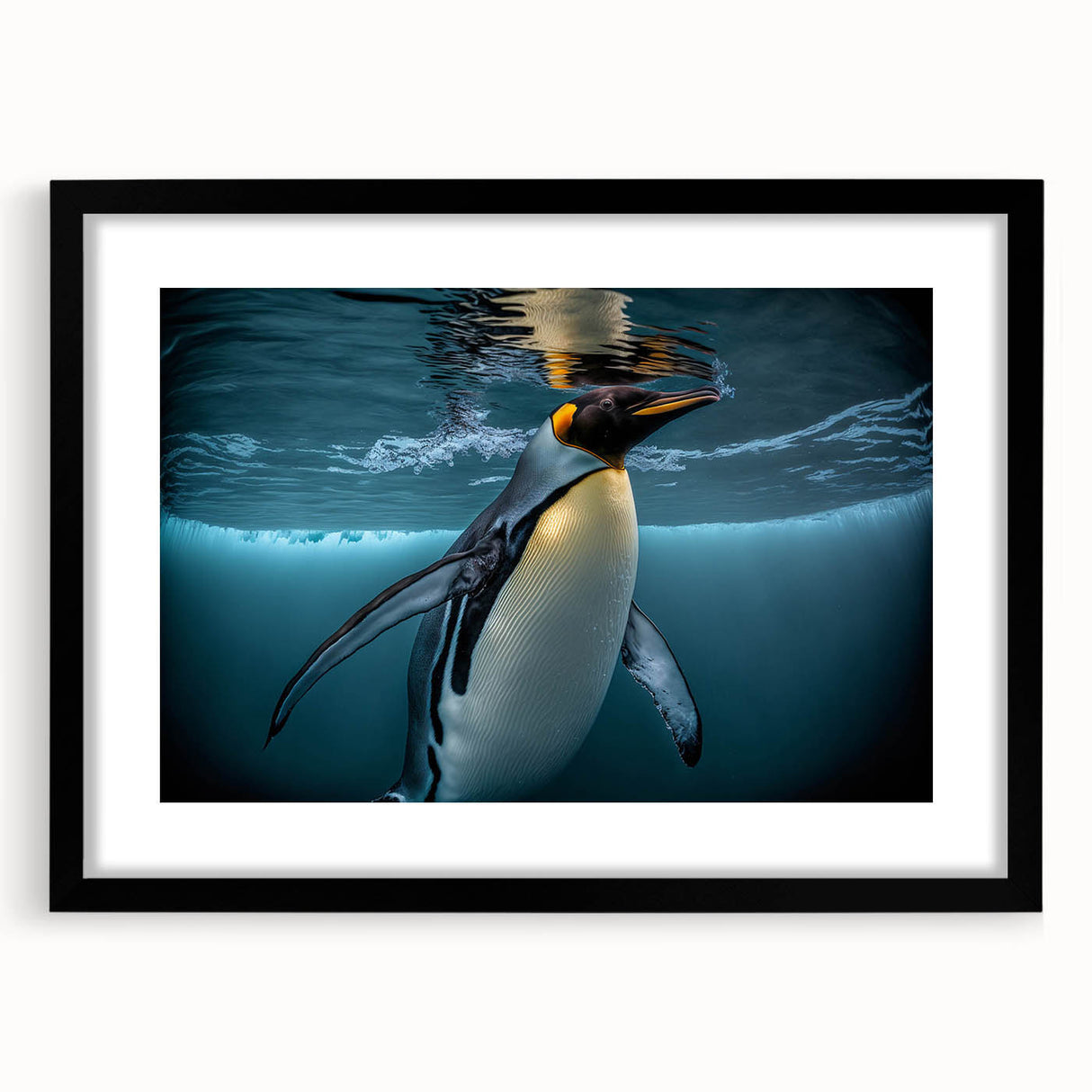 Framed black wall art featuring a stylish penguin design, showcasing intricate details and vibrant colors, ideal for animal lovers and modern decor enthusiasts.