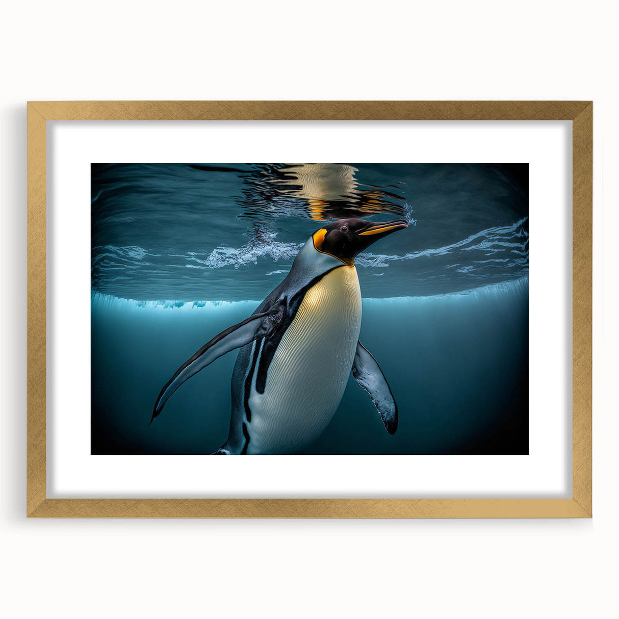 Artistic wall art print showcasing a stylish penguin design framed in gold, featuring a white mat for an elegant touch, perfect for modern home decor.