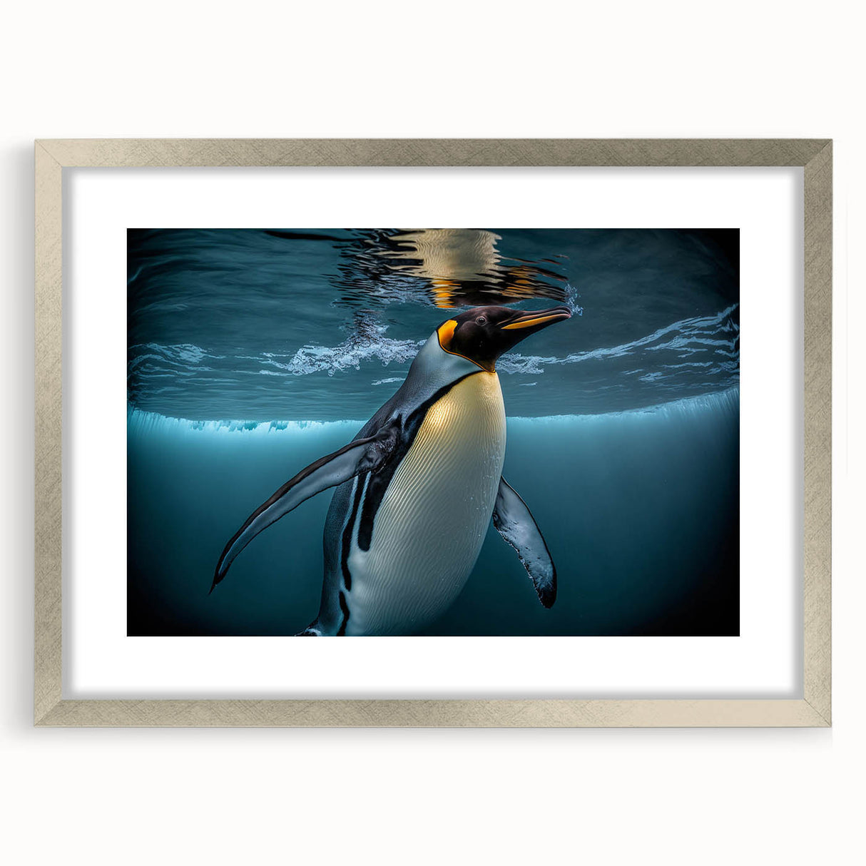 Silver-framed wall art collection featuring a whimsical penguin design, elegantly matted, perfect for animal lovers and modern decor enthusiasts, enhancing any interior space.