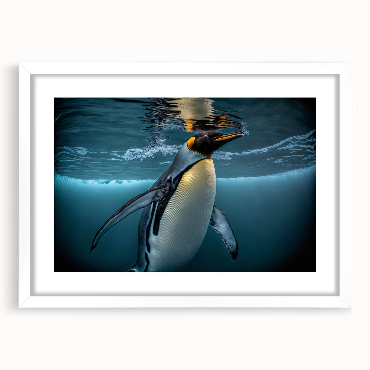 Framed wall art showcasing a whimsical penguin design with a white mat, perfect for adding a playful touch to children's rooms or nurseries. The artwork features vibrant colors and a modern aesthetic for animal lovers and decor enthusiasts alike.