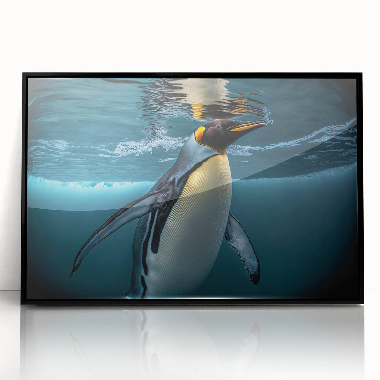 Framed wall art featuring a playful penguin design in a modern black frame, showcasing vibrant colors and whimsical details, perfect for animal lovers and home decor.