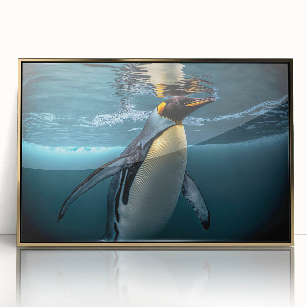 Framed acrylic wall art featuring a striking penguin design with gold accents, displayed in a modern setting, ideal for wildlife-themed decor.