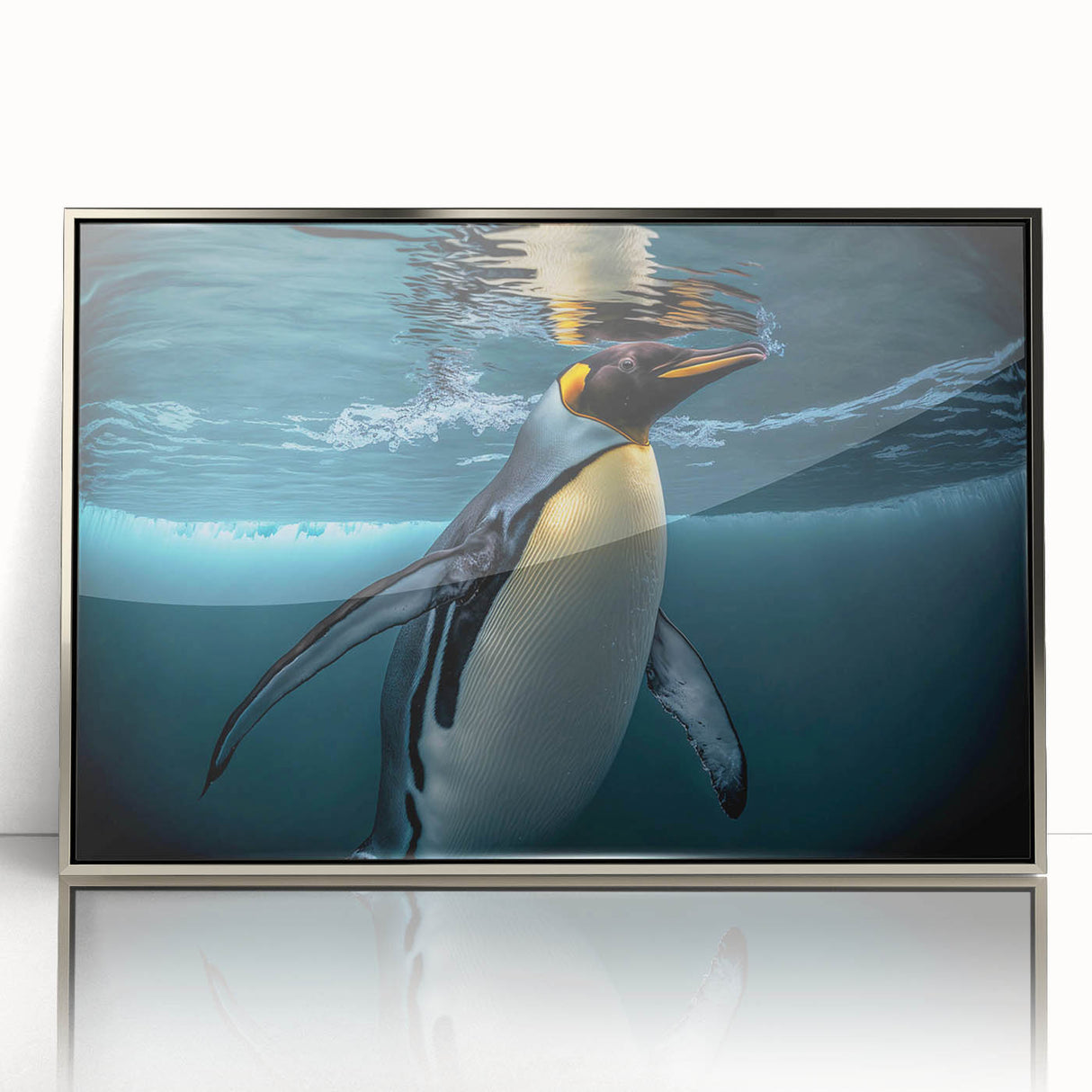 Framed acrylic wall art featuring a sleek silver design with a penguin illustration against a vibrant background, perfect for wildlife enthusiasts and modern decor.