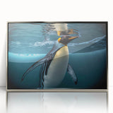 Framed acrylic wall art featuring a sleek silver design with a penguin illustration against a vibrant background, perfect for wildlife enthusiasts and modern decor.