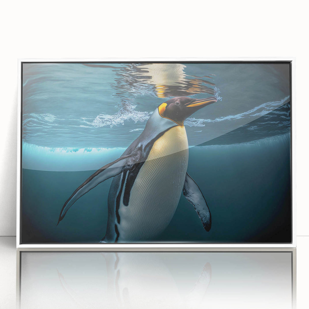 Framed acrylic wall art featuring a vibrant penguin design from a wildlife collection, showcasing colorful details against a sleek white background, ideal for modern decor.