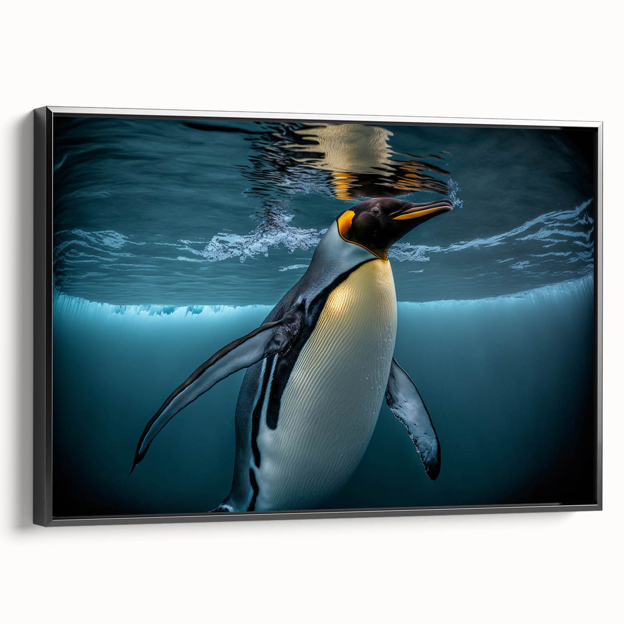 Framed wall art featuring a striking penguin design on a black canvas, showcasing vibrant colors and intricate details, perfect for wildlife enthusiasts and home decor.