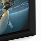 Close-up view of a framed canvas featuring a vibrant penguin design, showcasing intricate details and colors, perfect for wildlife-themed decor in modern interiors.