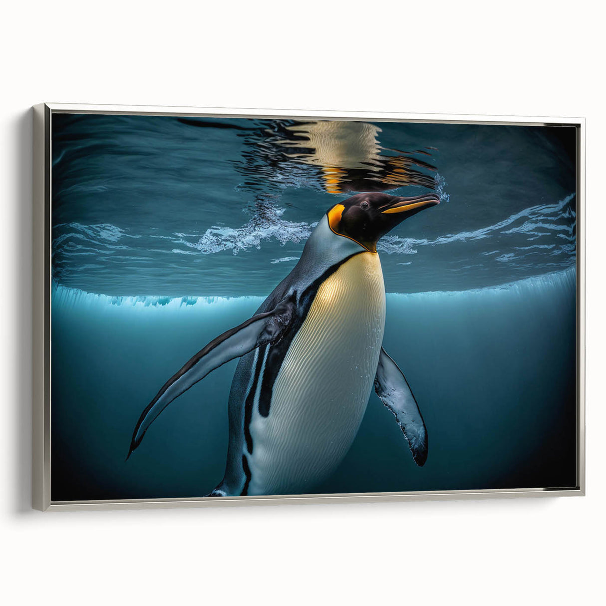 Framed wall art featuring a side view of a stylish penguin design, set against a silver background, perfect for modern home decor and animal lovers.