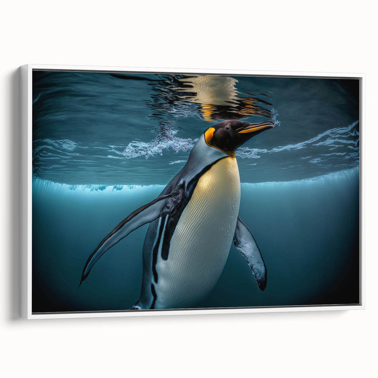 Framed canvas wall art showcasing a stylish penguin design in a modern white frame, perfect for adding a touch of wildlife charm to any room decor.