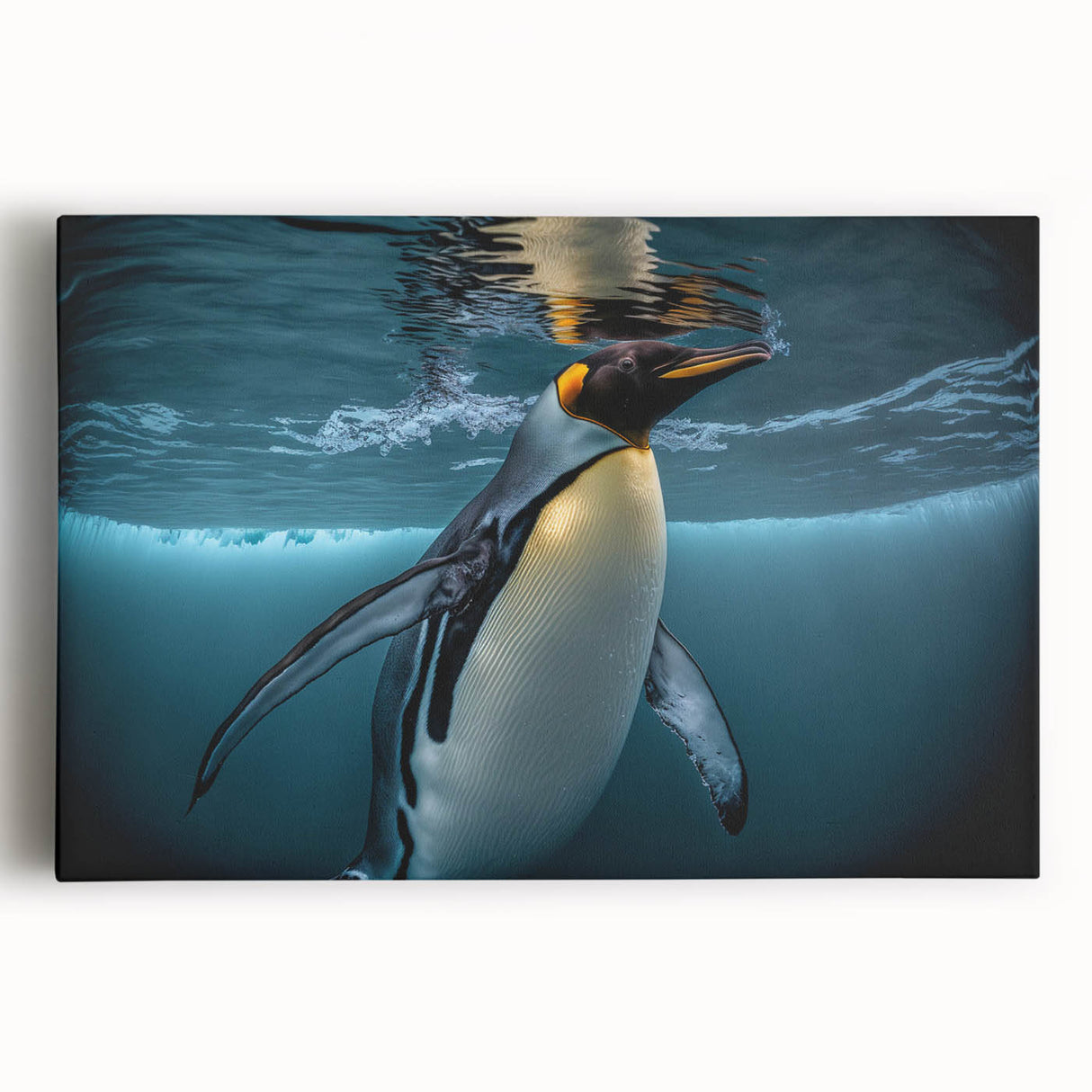 Stretched canvas wall art featuring a vibrant penguin design against a colorful abstract background, perfect for wildlife enthusiasts and modern decor.