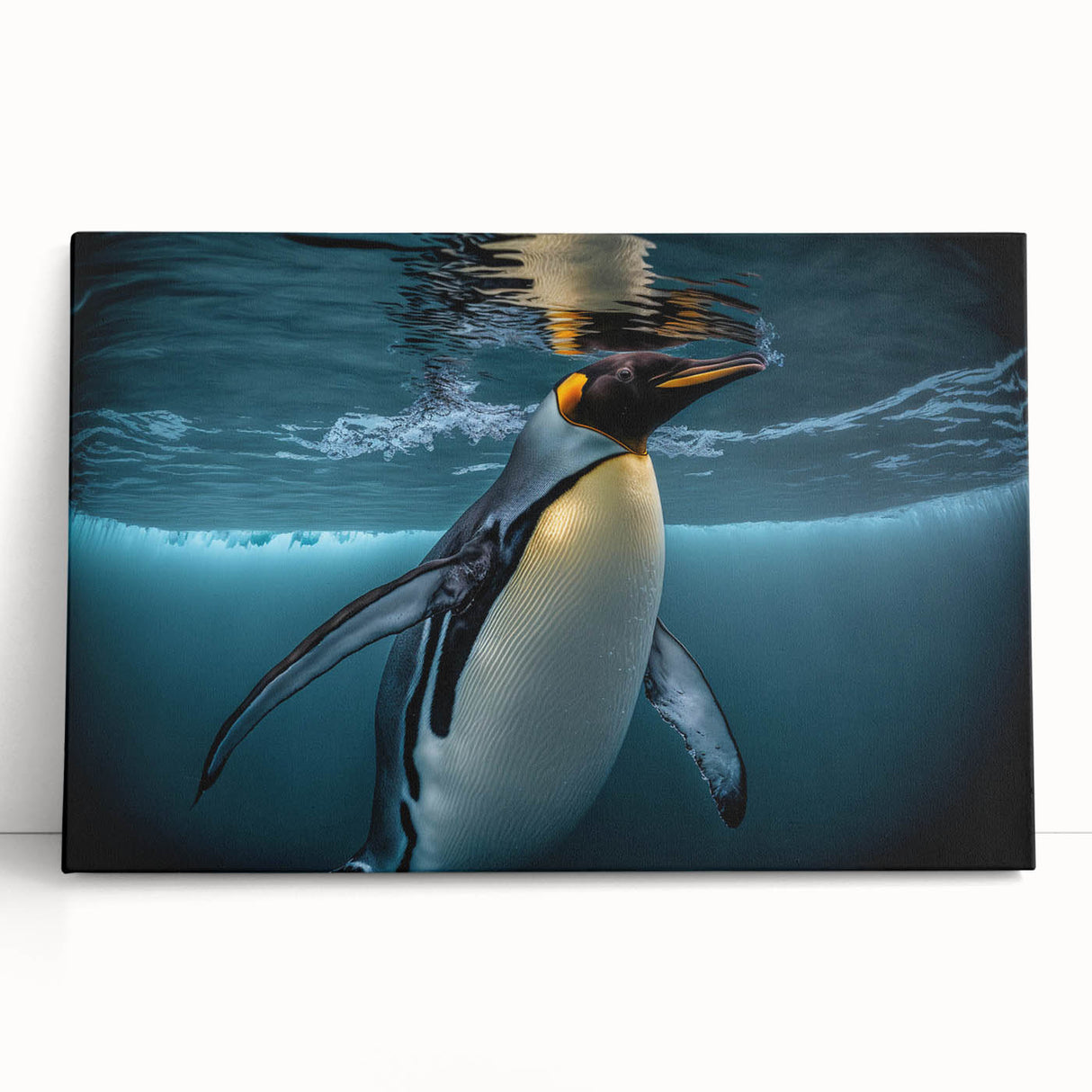 Stretched canvas wall art featuring a whimsical penguin design, showcasing vibrant colors and playful elements, perfect for children's room decor or animal lovers.