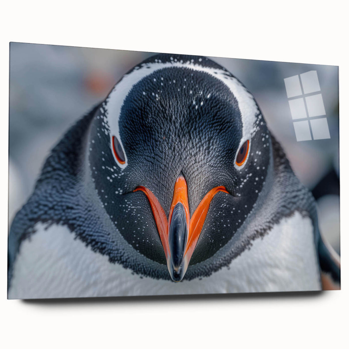 Side view of a modern acrylic glass wall art piece showcasing a playful penguin design, featuring vibrant colors and intricate details, perfect for animal lovers' decor.