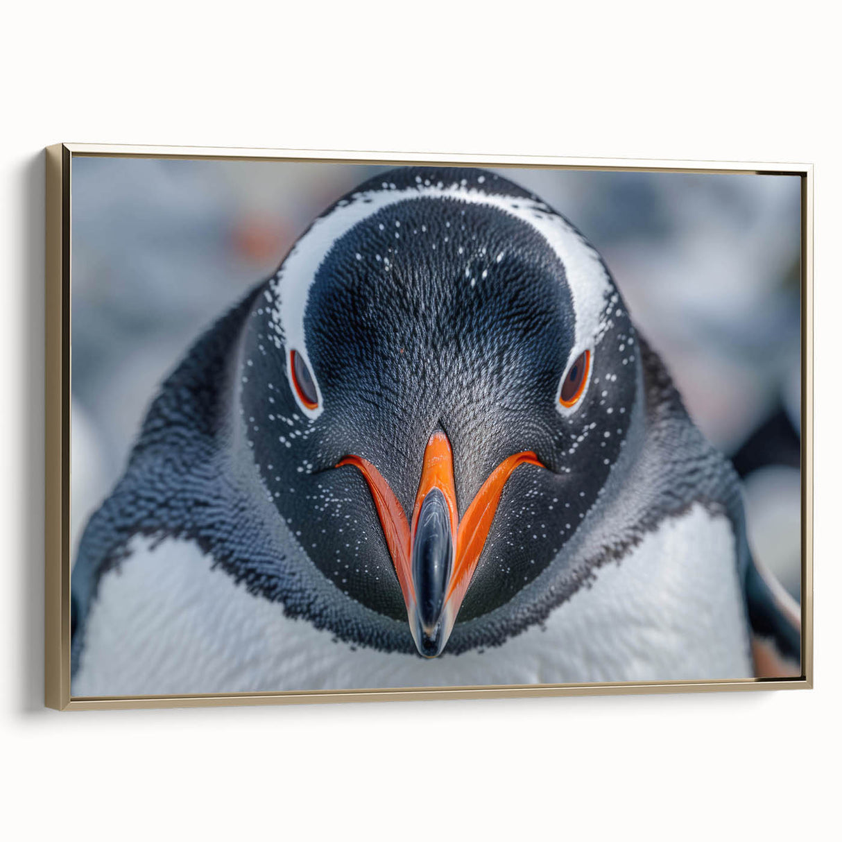 Framed canvas wall art featuring a side view of a stylish penguin design in gold accents, perfect for animal lovers and modern home decor.