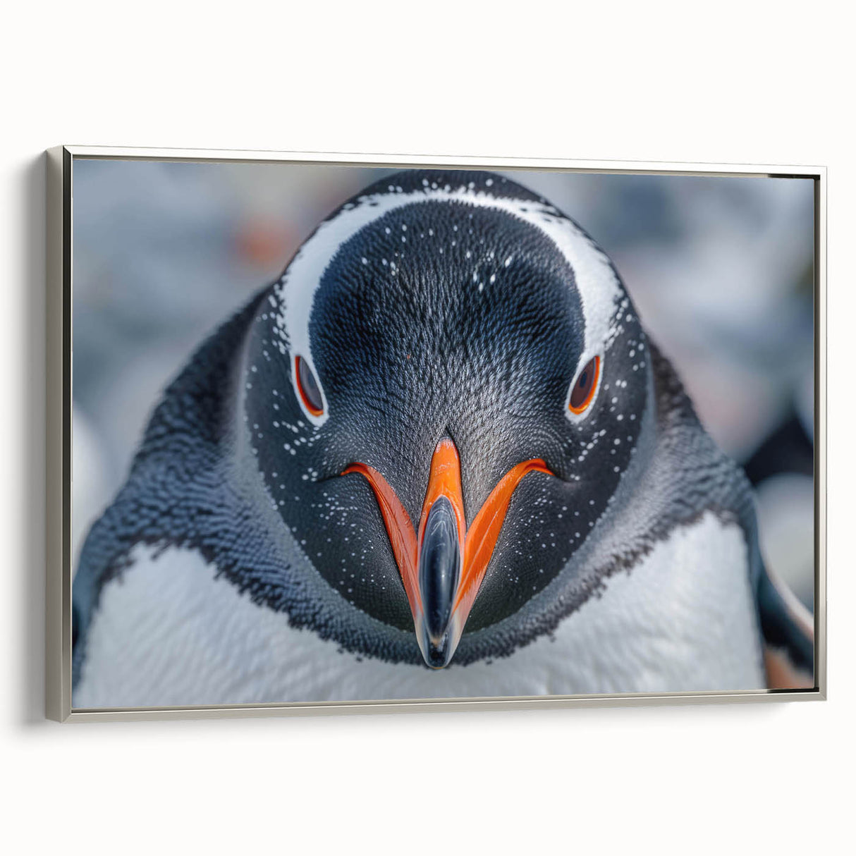 Framed canvas wall art showcasing a silver-accented penguin design, set against a minimalist background, ideal for wildlife enthusiasts and modern decor.