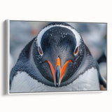 Framed wall art featuring a stylish penguin design on canvas, showcasing vibrant colors and a modern aesthetic, ideal for animal lovers and contemporary decor.