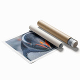 Elegant rolled wall art print depicting a whimsical penguin design in vibrant colors, ideal for children's rooms or animal lovers, presented in a protective cardboard tube.