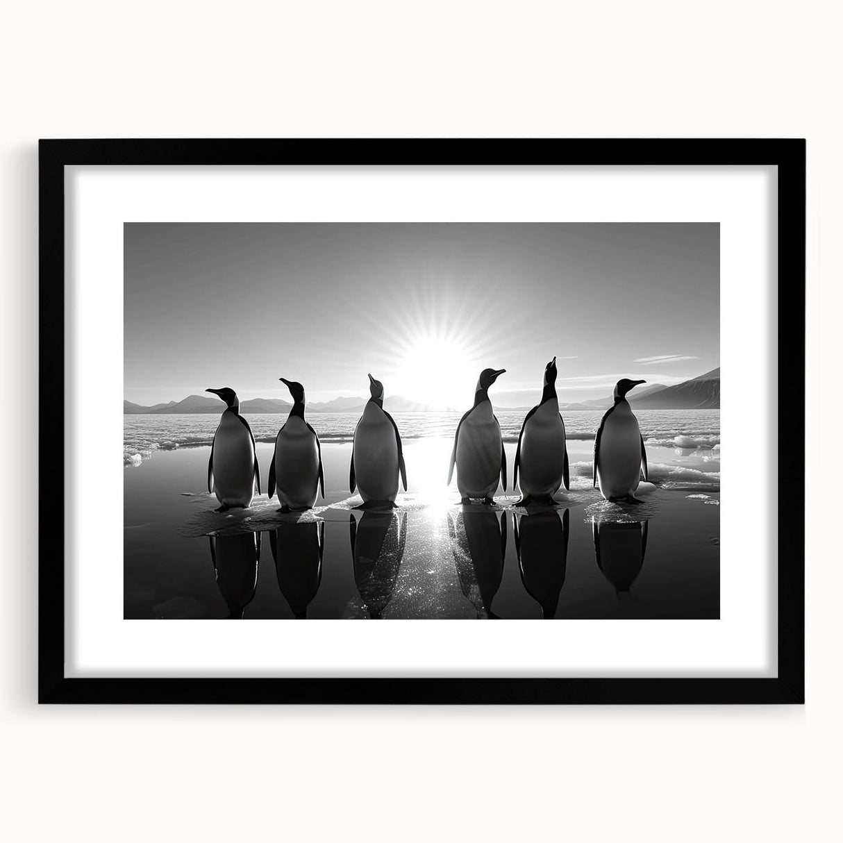 Black-framed wall art showcasing a stunning penguin design from the 'Animals of the Wild' collection, perfect for adding a touch of nature to any room.