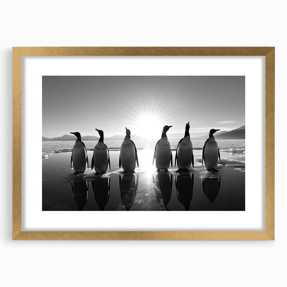 Framed wall art collection featuring a gold mat and penguin design, showcasing a whimsical wildlife theme ideal for animal lovers and modern decor.