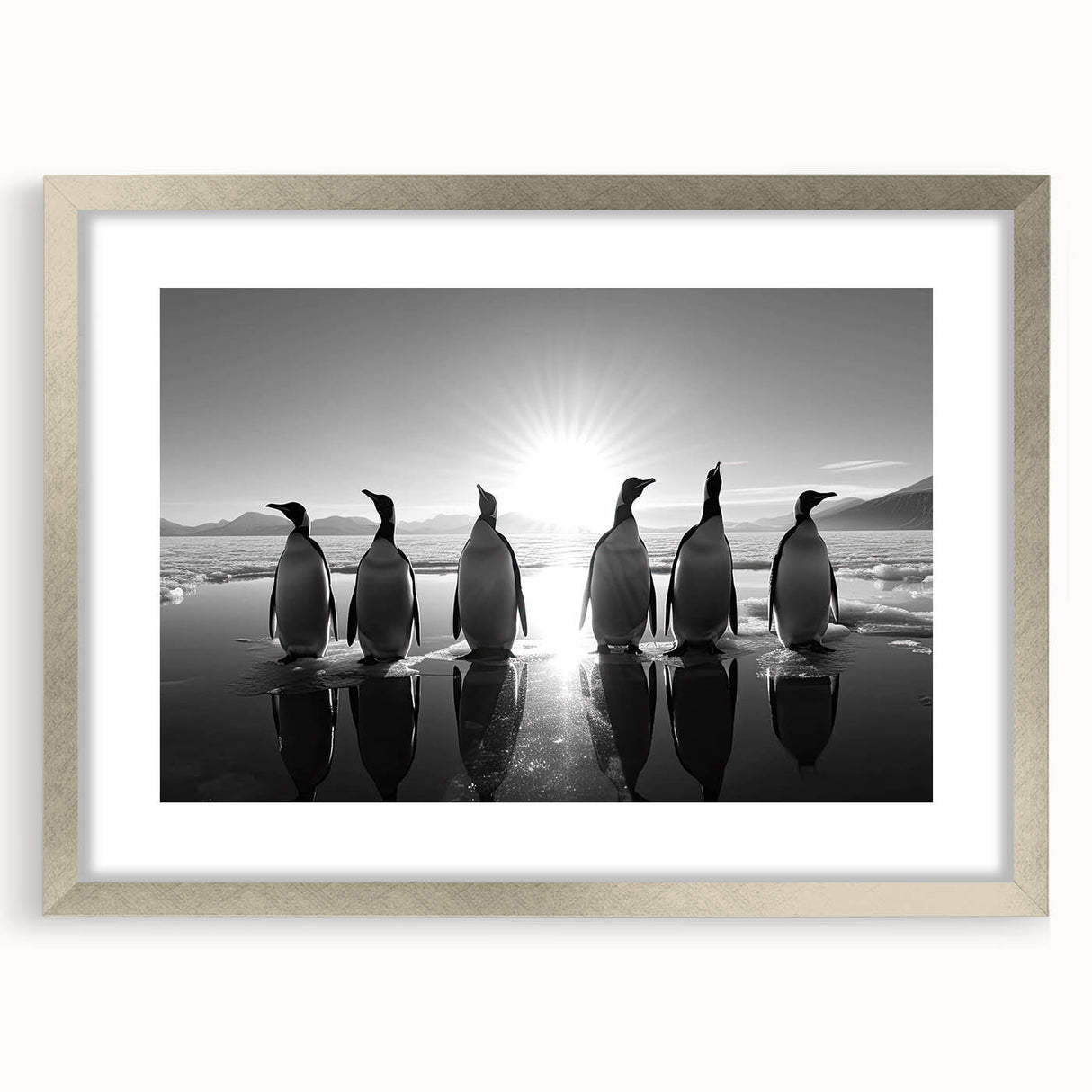 Framed wall art collection featuring a silver mat and front view of a penguin design, perfect for adding a touch of wildlife decor to any room.