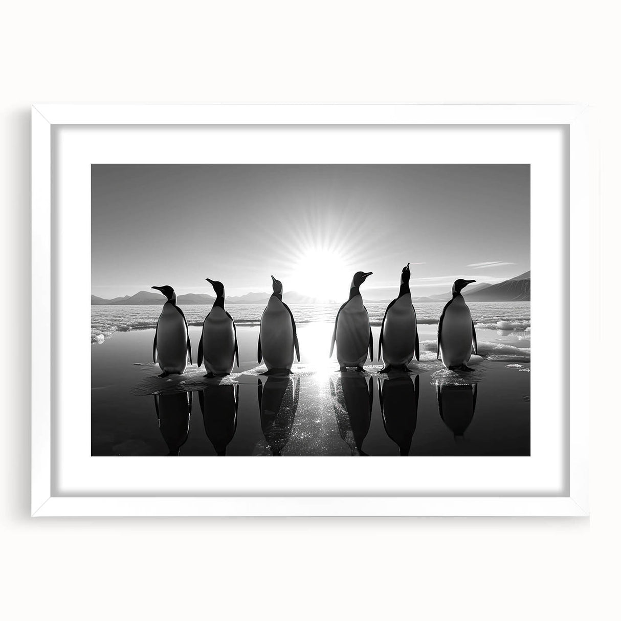 Framed wall art collection showcasing a playful penguin design in vibrant colors, set against a clean white mat, perfect for adding a whimsical touch to any room.