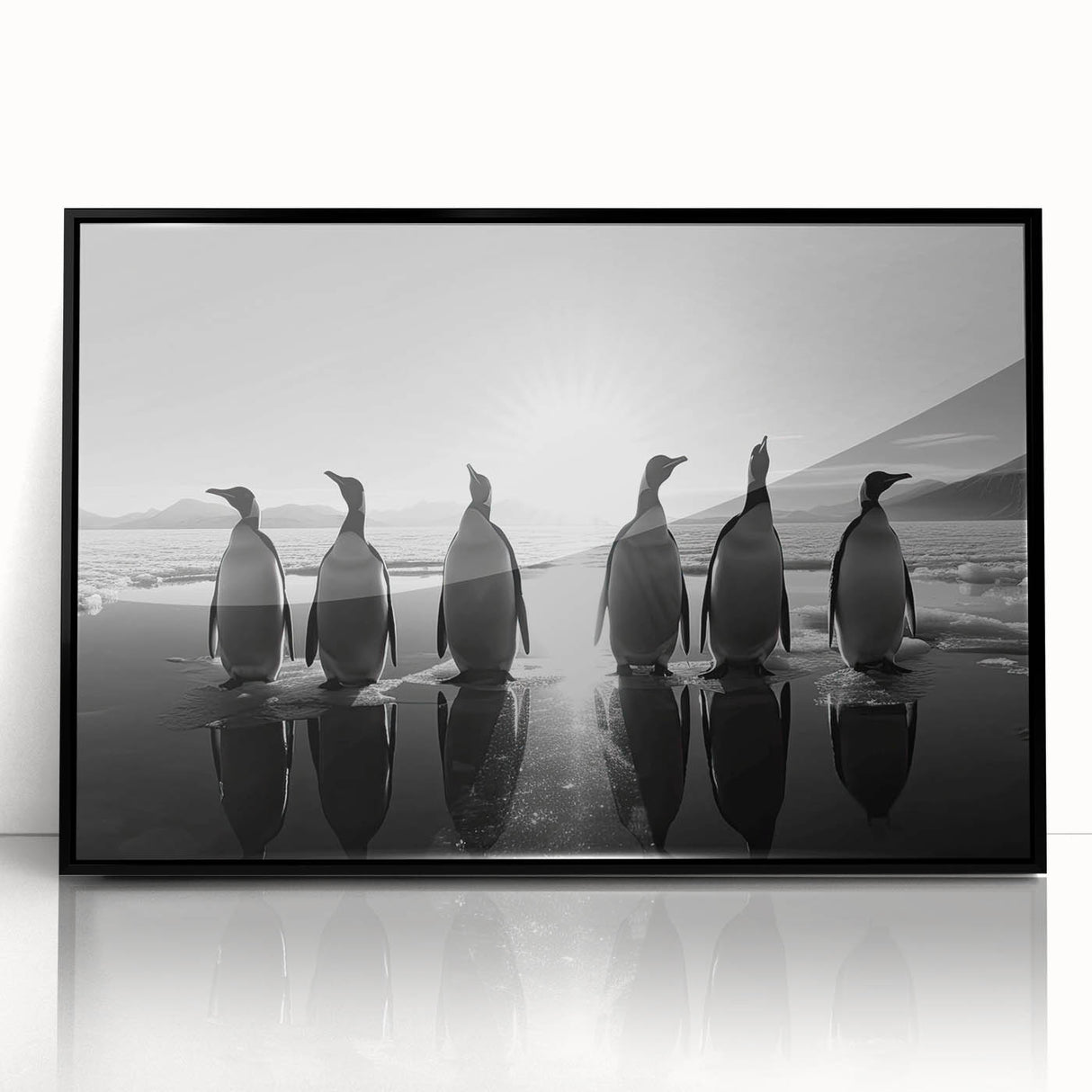 Framed acrylic wall art showcasing a black and white penguin design, perfect for modern home decor. This stylish piece adds a touch of wildlife elegance to any room.