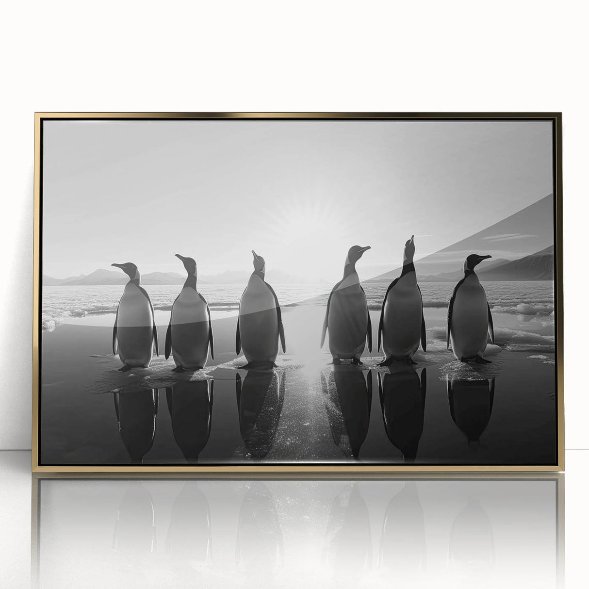 Framed wall art featuring a stylized penguin design in vibrant colors, presented with a sleek gold frame, perfect for modern home decor and animal lovers.