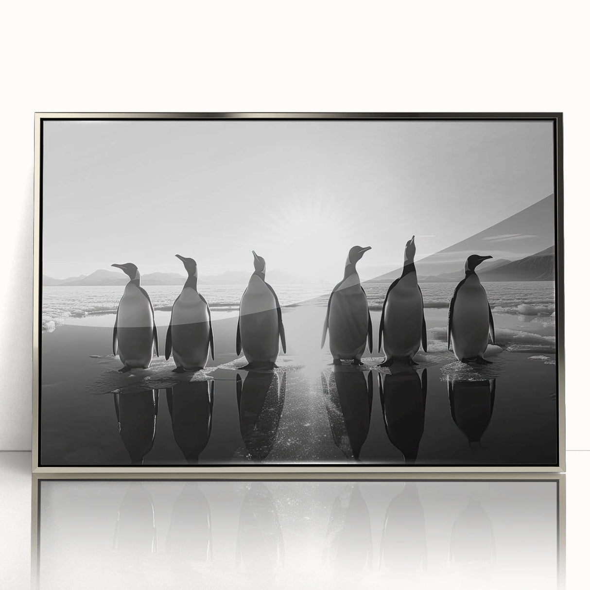 Framed acrylic wall art featuring a striking penguin design in a silver frame, showcasing vibrant colors and detailed textures, perfect for wildlife enthusiasts.