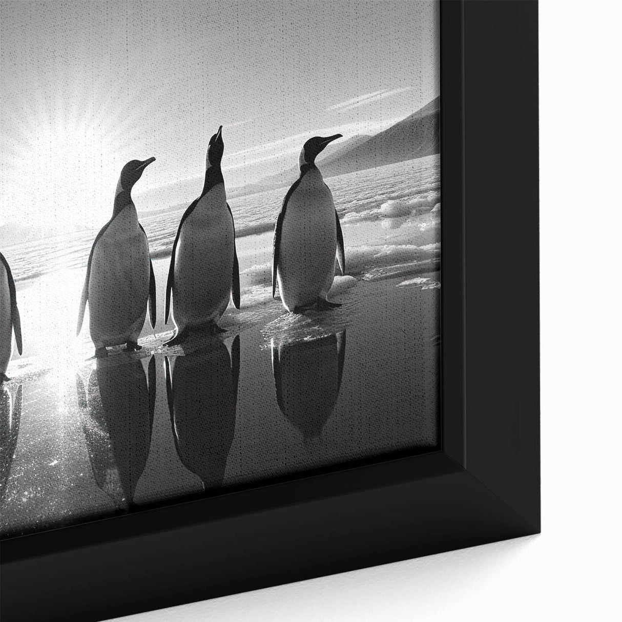 Close-up of a framed canvas wall art piece showcasing a detailed penguin design, emphasizing vibrant colors and intricate textures, perfect for animal lovers and home decor enthusiasts.