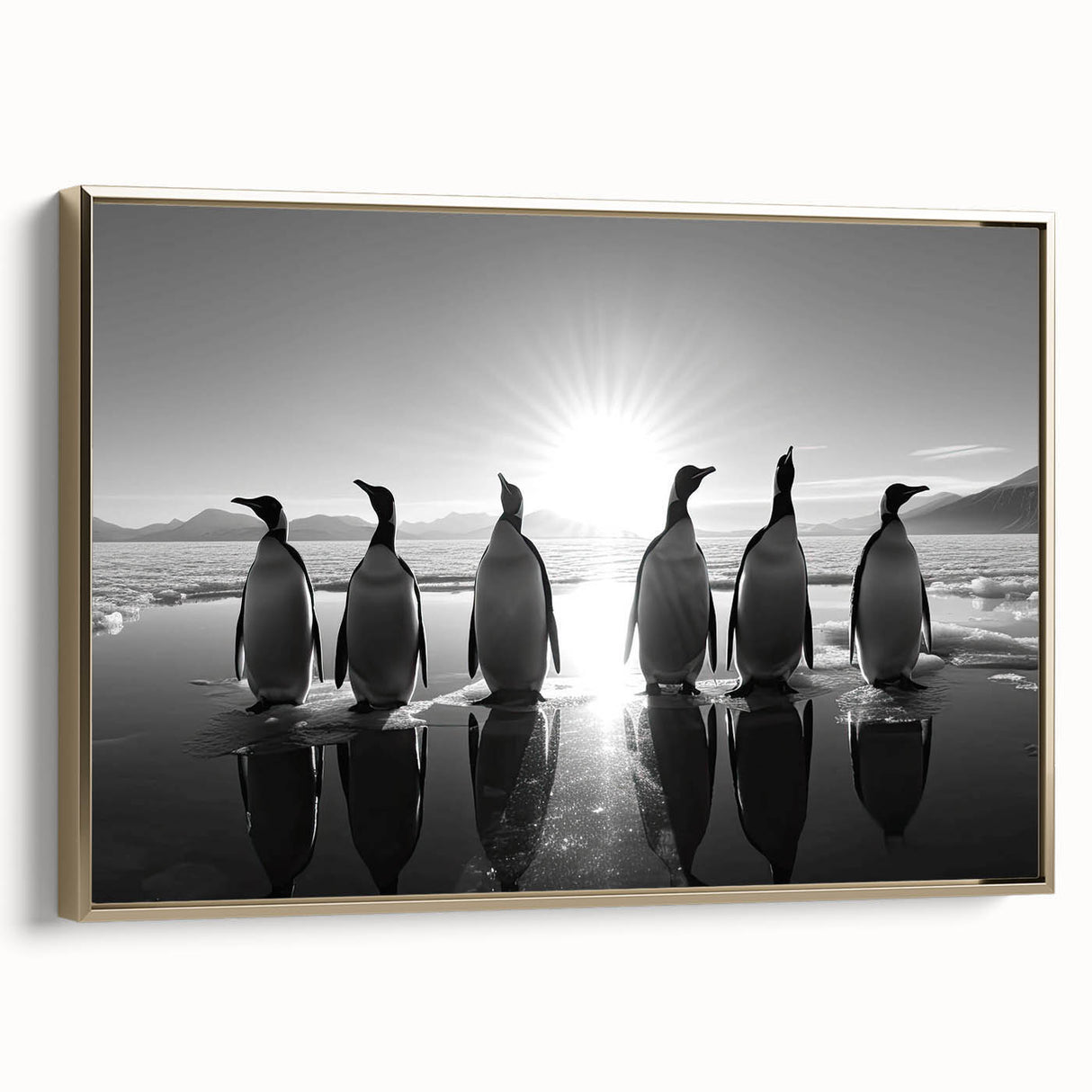 Framed canvas wall art showcasing a side view of a whimsical penguin design, featuring vibrant colors and gold accents, perfect for animal-themed decor.