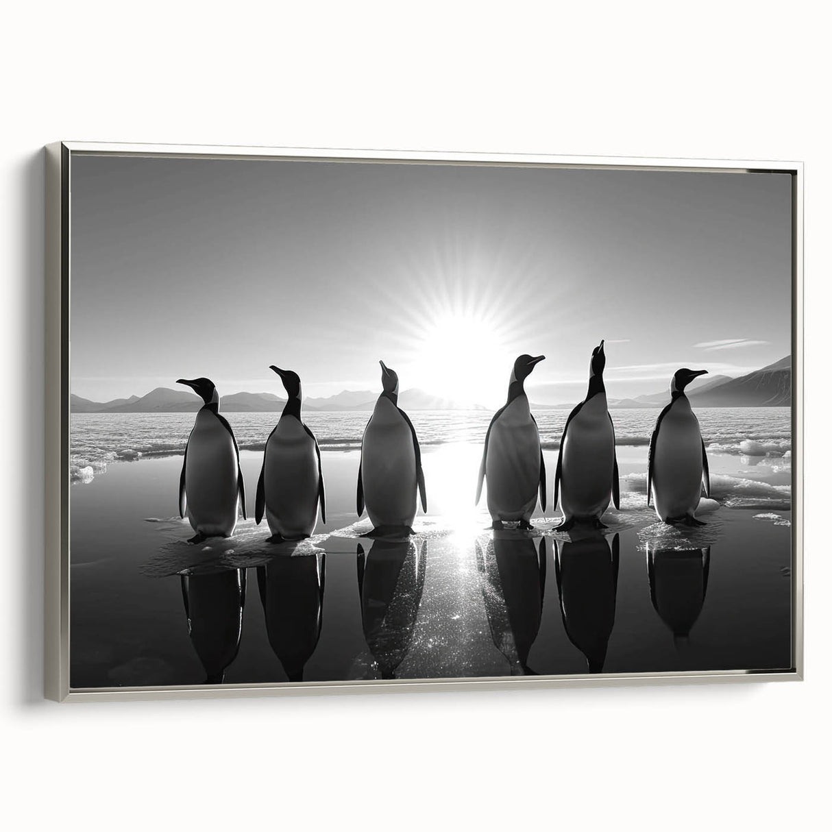 Framed wall art featuring a silver side view of a penguin design, showcasing detailed textures and vibrant colors, ideal for wildlife enthusiasts and home decor.